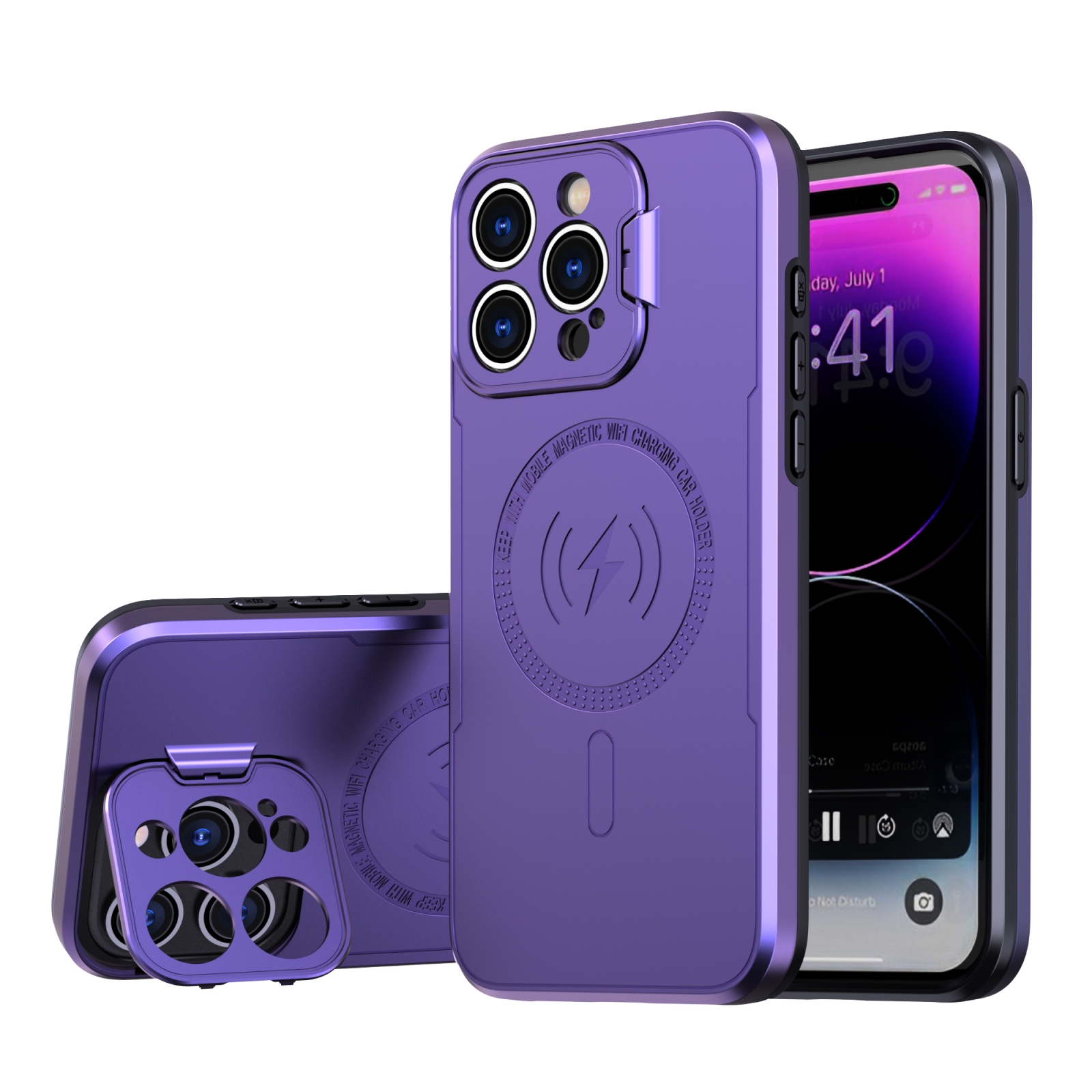 For iPhone 15 Pro Max MagSafe Magnetic Invisible Camera Holder Phone Case(Purple) - Shopkiz.com