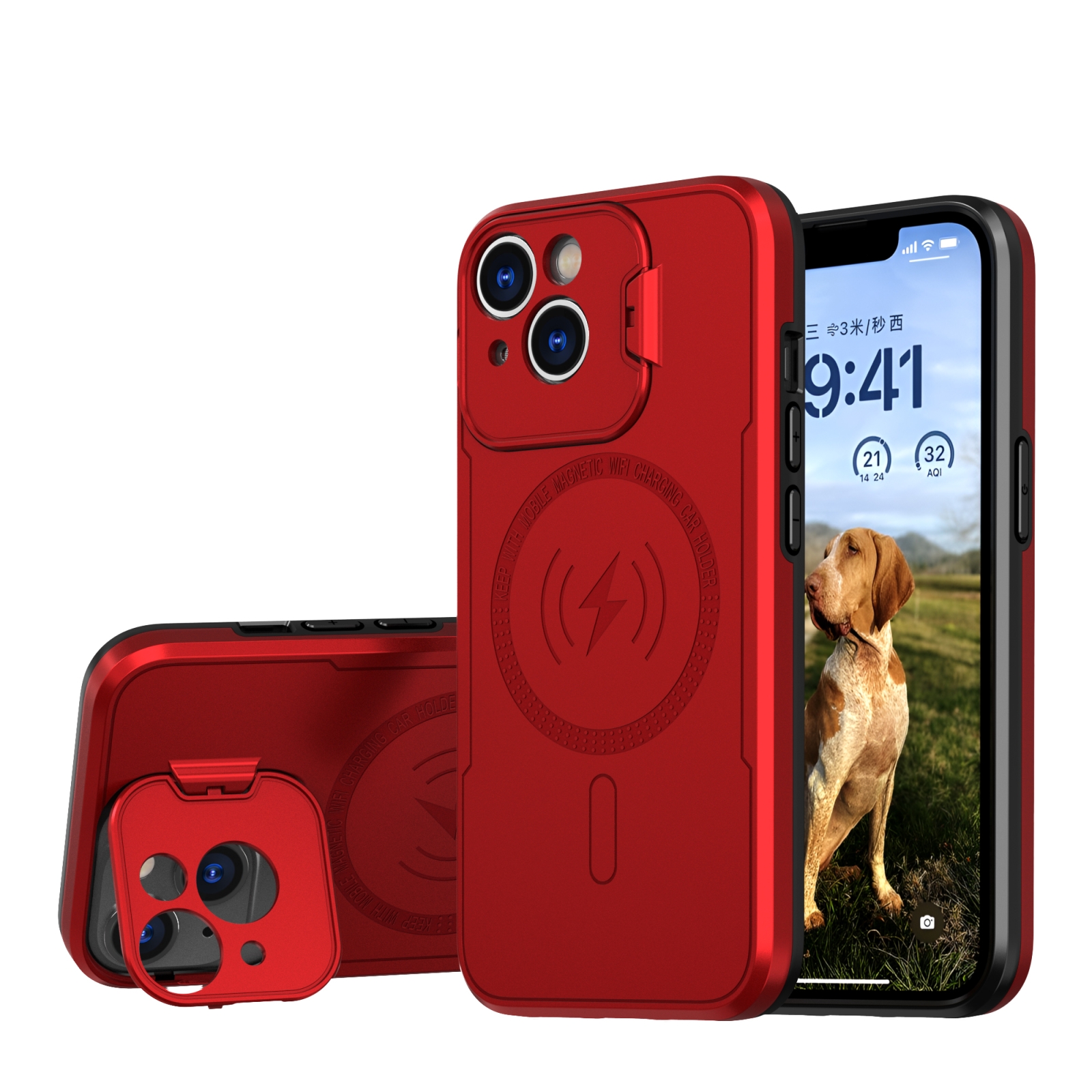 For iPhone 15 Plus MagSafe Magnetic Invisible Camera Holder Phone Case(Red) - Shopkiz.com
