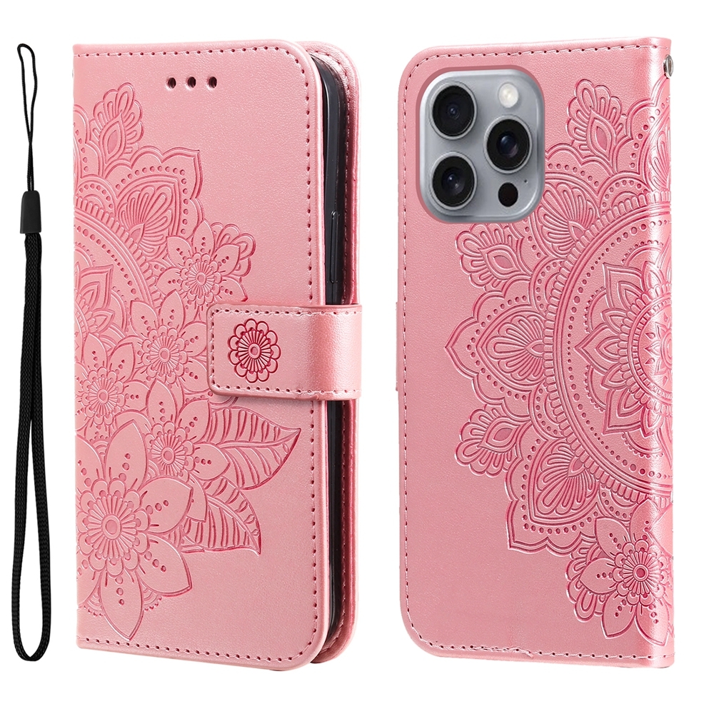 For iPhone 16 Pro Max Seven-petal Flowers Embossing Leather Phone Case(Rose Gold) - Shopkiz.com