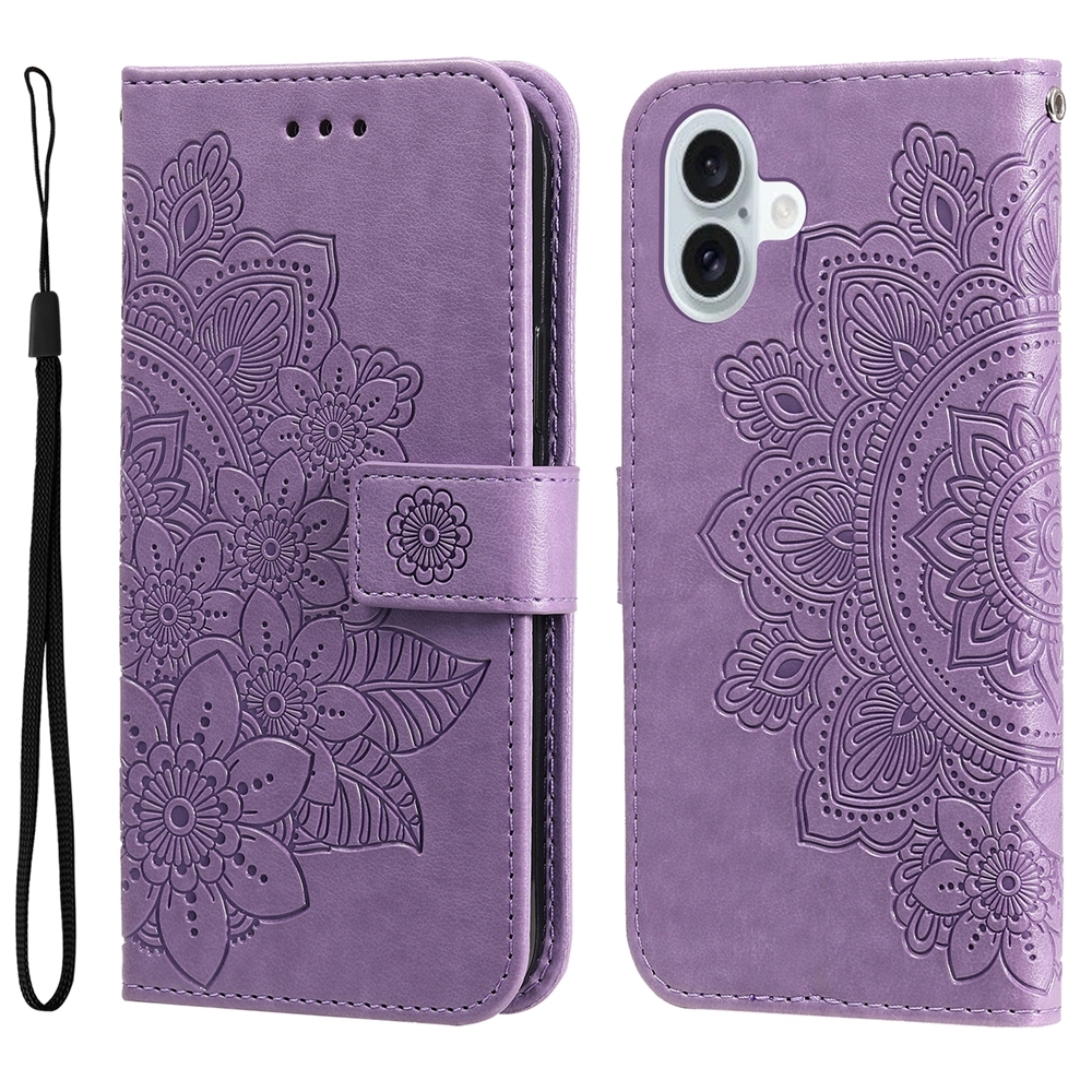 For iPhone 16 Plus Seven-petal Flowers Embossing Leather Phone Case(Light Purple) - Shopkiz.com