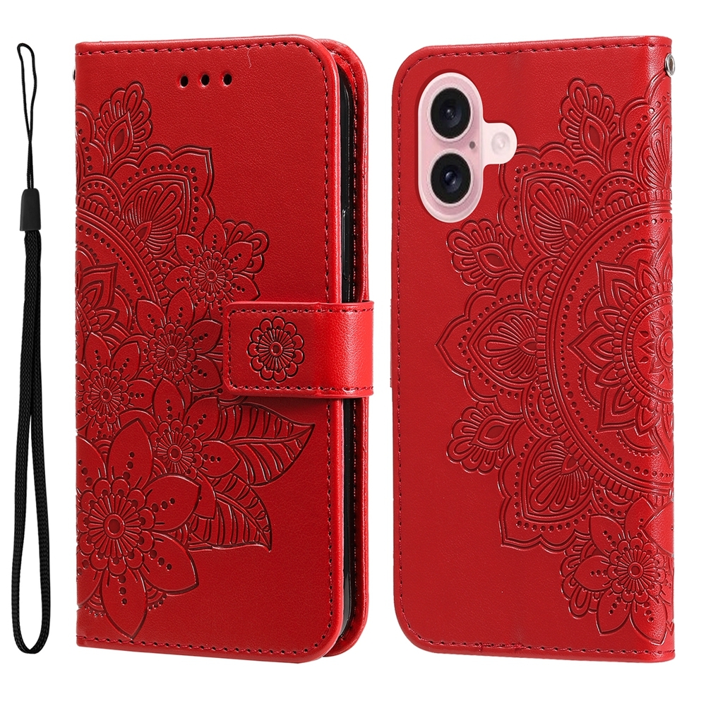 For iPhone 16 Seven-petal Flowers Embossing Leather Phone Case(Red) - Shopkiz.com