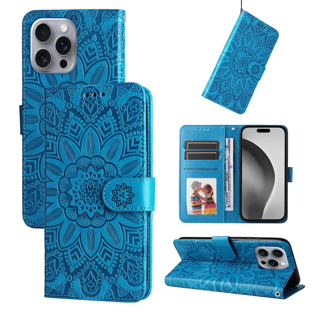 For iPhone 16 Pro Max Embossed Sunflower Leather Phone Case(Blue) - Shopkiz.com