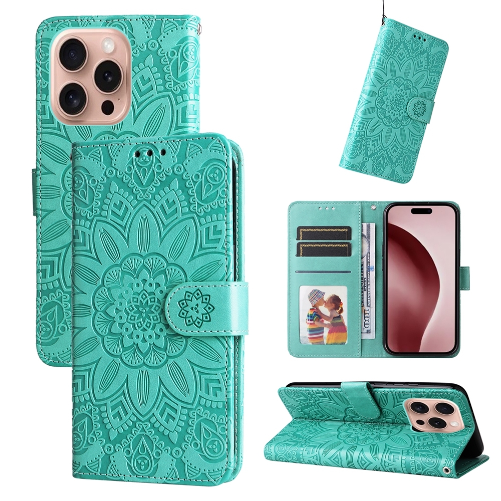 For iPhone 16 Pro Embossed Sunflower Leather Phone Case(Green) - Shopkiz.com