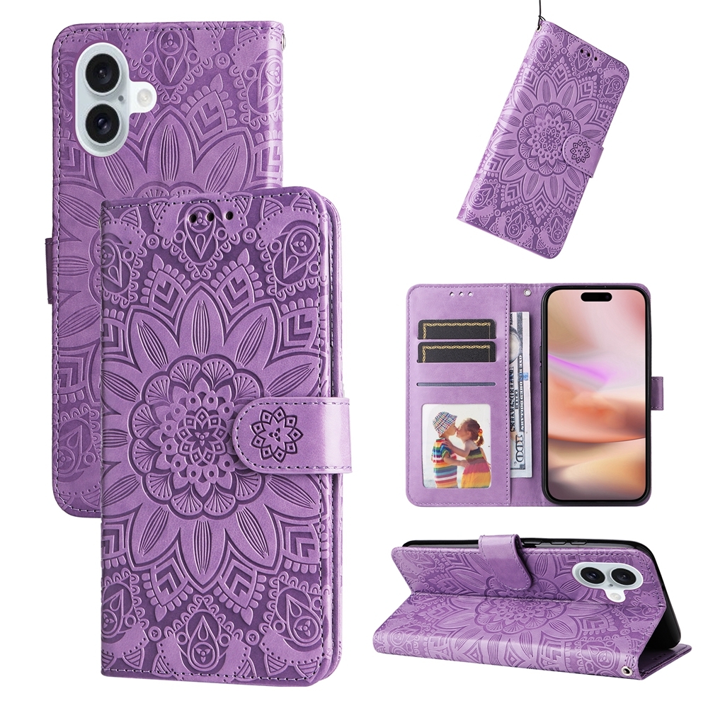 For iPhone 16 Plus Embossed Sunflower Leather Phone Case(Purple) - Shopkiz.com