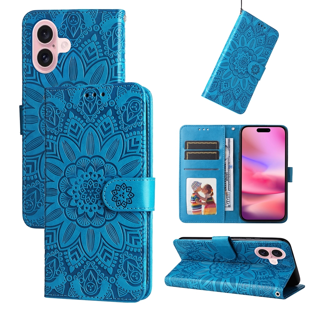 For iPhone 16 Embossed Sunflower Leather Phone Case(Blue) - Shopkiz.com