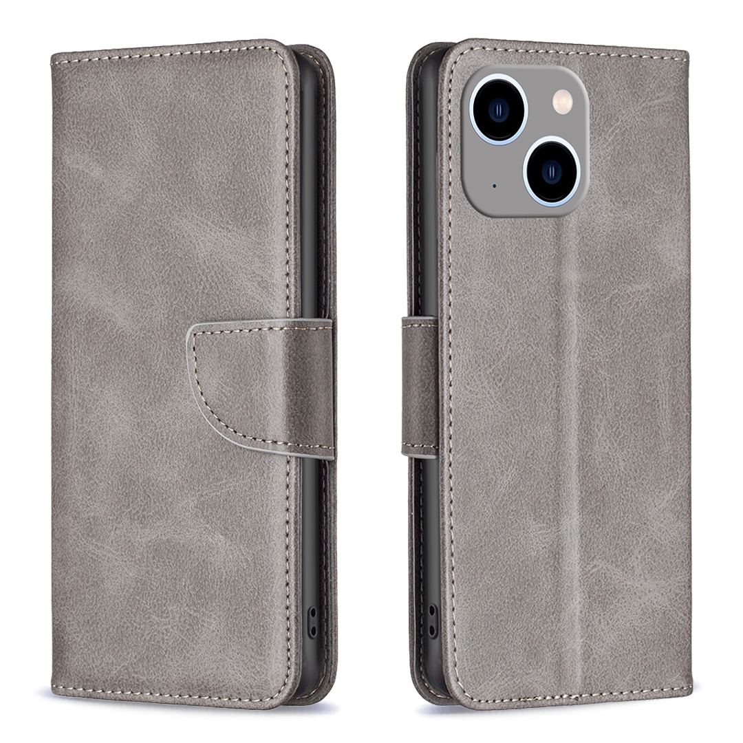 For iPhone 15 Plus Lambskin Texture Pure Color Flip Leather Phone Case(Grey) - Shopkiz.com