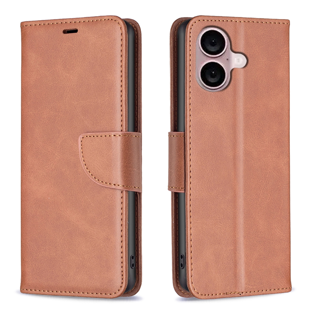 For iPhone 16 Lambskin Texture Pure Color Flip Leather Phone Case(Brown) - Shopkiz.com
