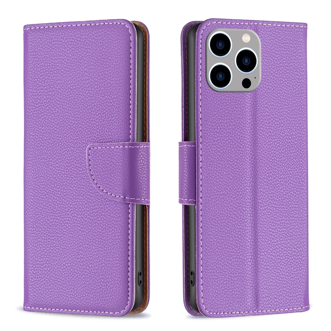 For iPhone 15 Pro Max Litchi Texture Pure Color Flip Leather Phone Case(Purple) - Shopkiz.com