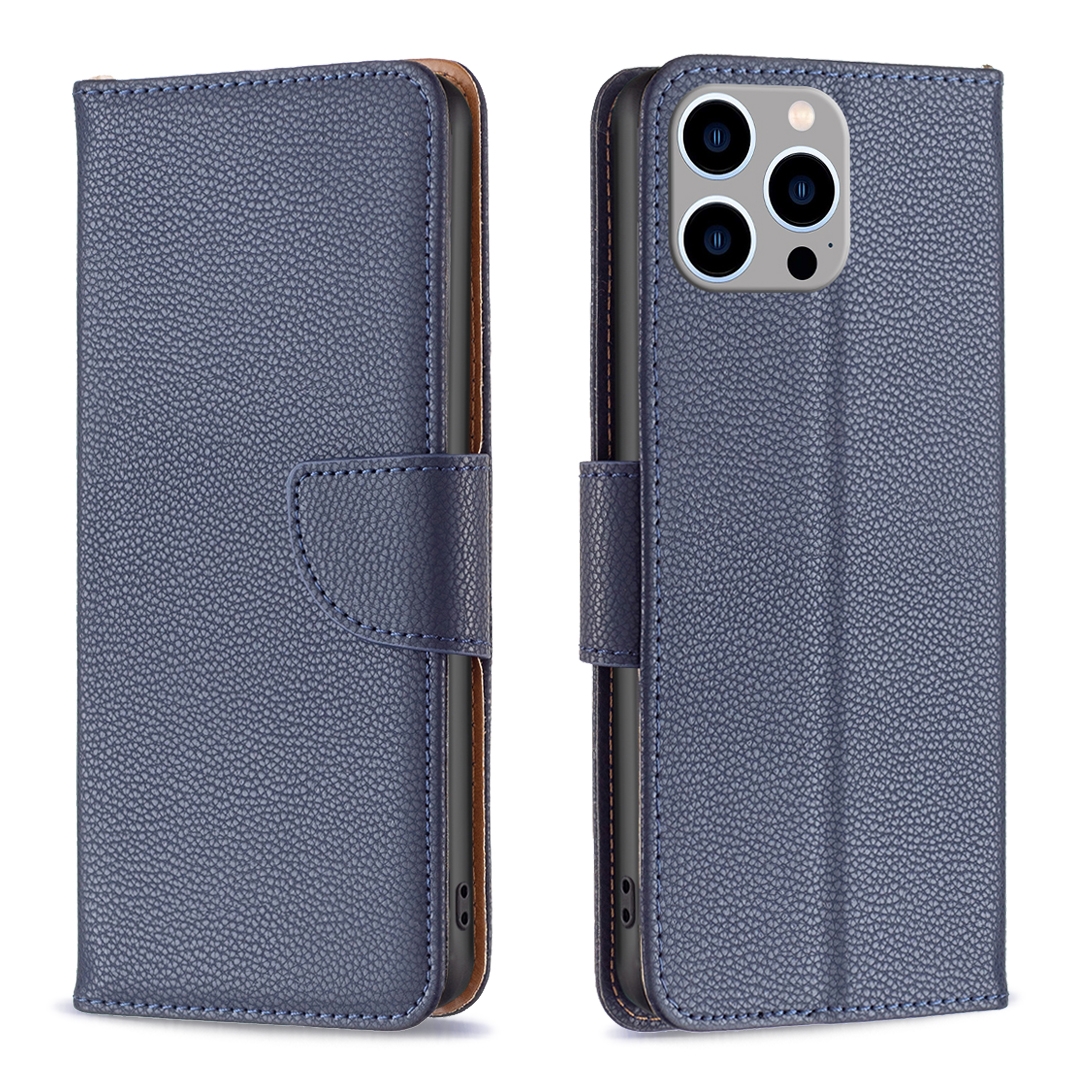 For iPhone 15 Pro Max Litchi Texture Pure Color Flip Leather Phone Case(Blue) - Shopkiz.com