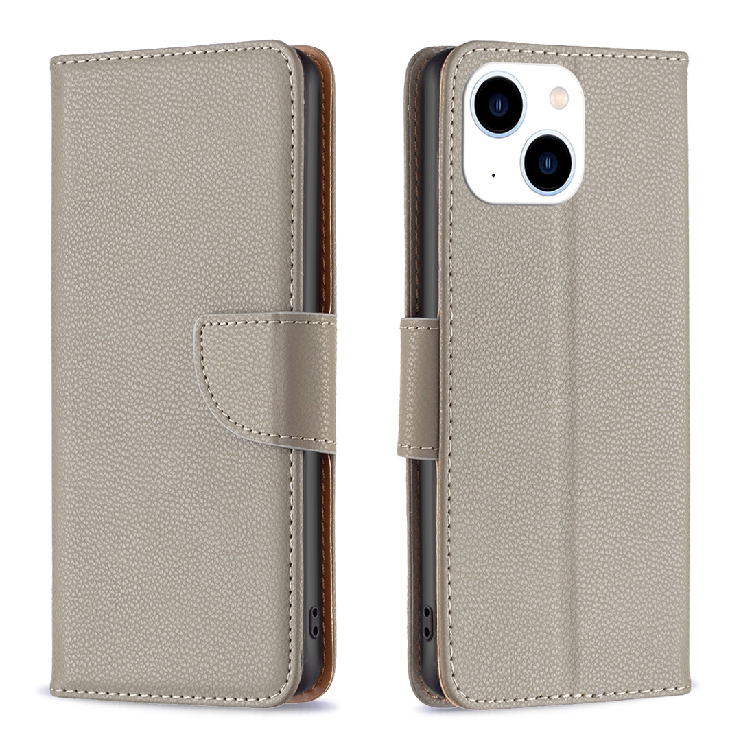 For iPhone 15 Litchi Texture Pure Color Flip Leather Phone Case(Grey) - Shopkiz.com