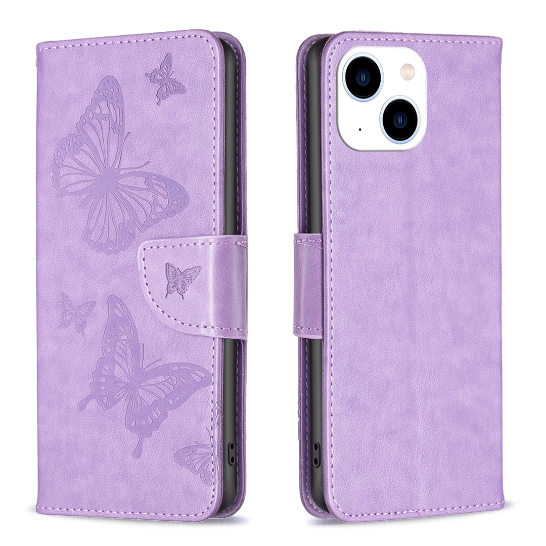 For iPhone 15 Embossing Two Butterflies Pattern Leather Phone Case(Purple) - Shopkiz.com