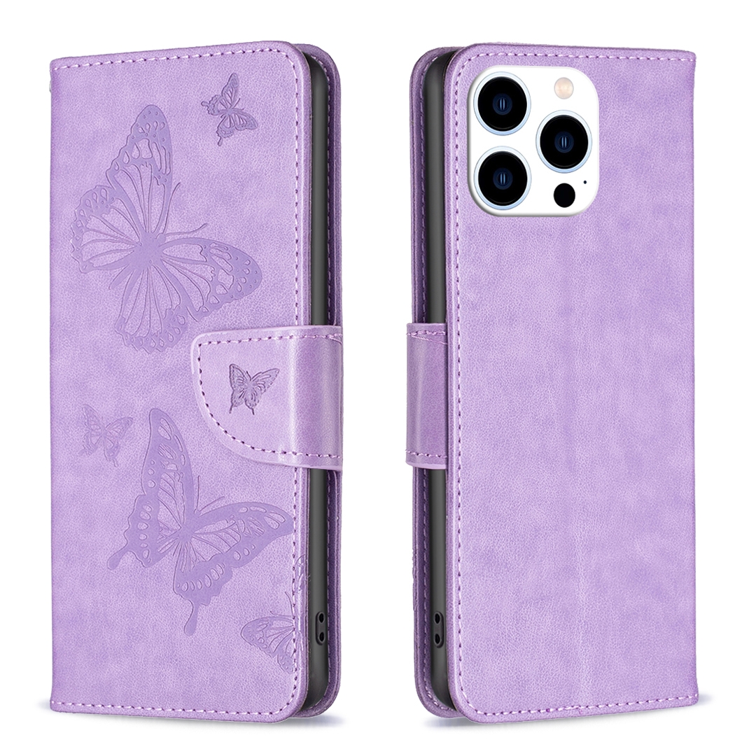 For iPhone 16 Pro Max Embossing Two Butterflies Pattern Leather Phone Case(Purple) - Shopkiz.com