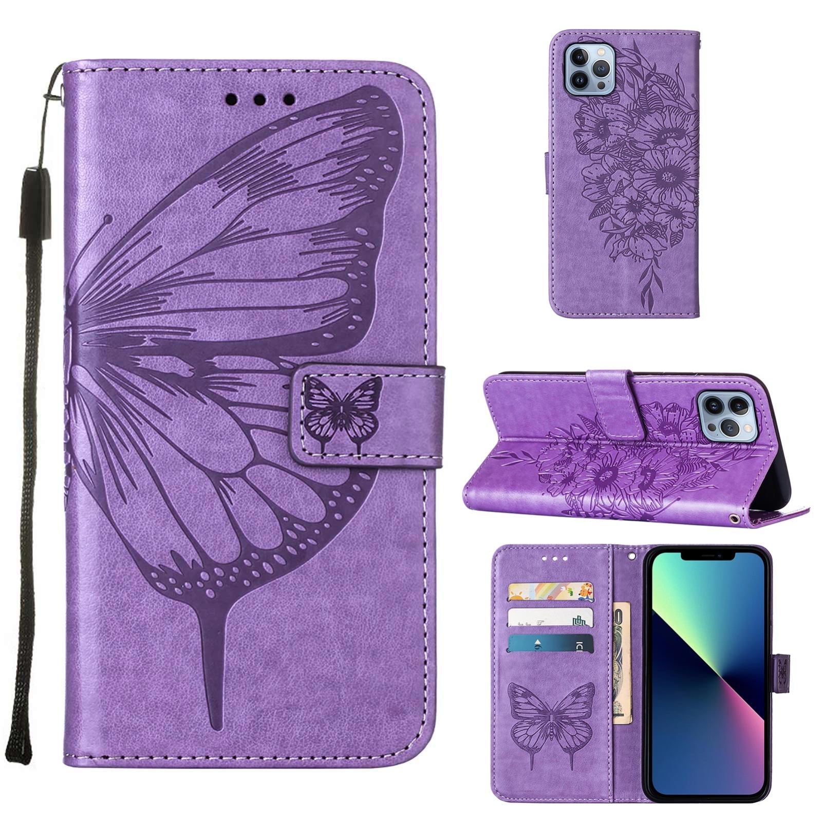 For iPhone 15 Pro Embossed Butterfly Leather Phone Case(Light Purple) - Shopkiz.com
