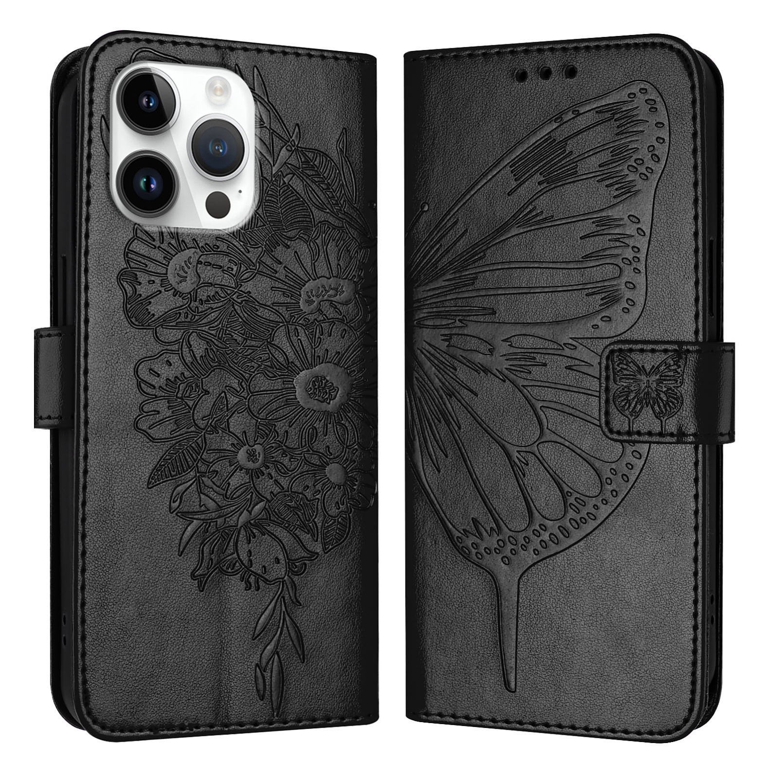 For iPhone 16 Pro Max Embossed Butterfly Leather Phone Case(Black) - Shopkiz.com