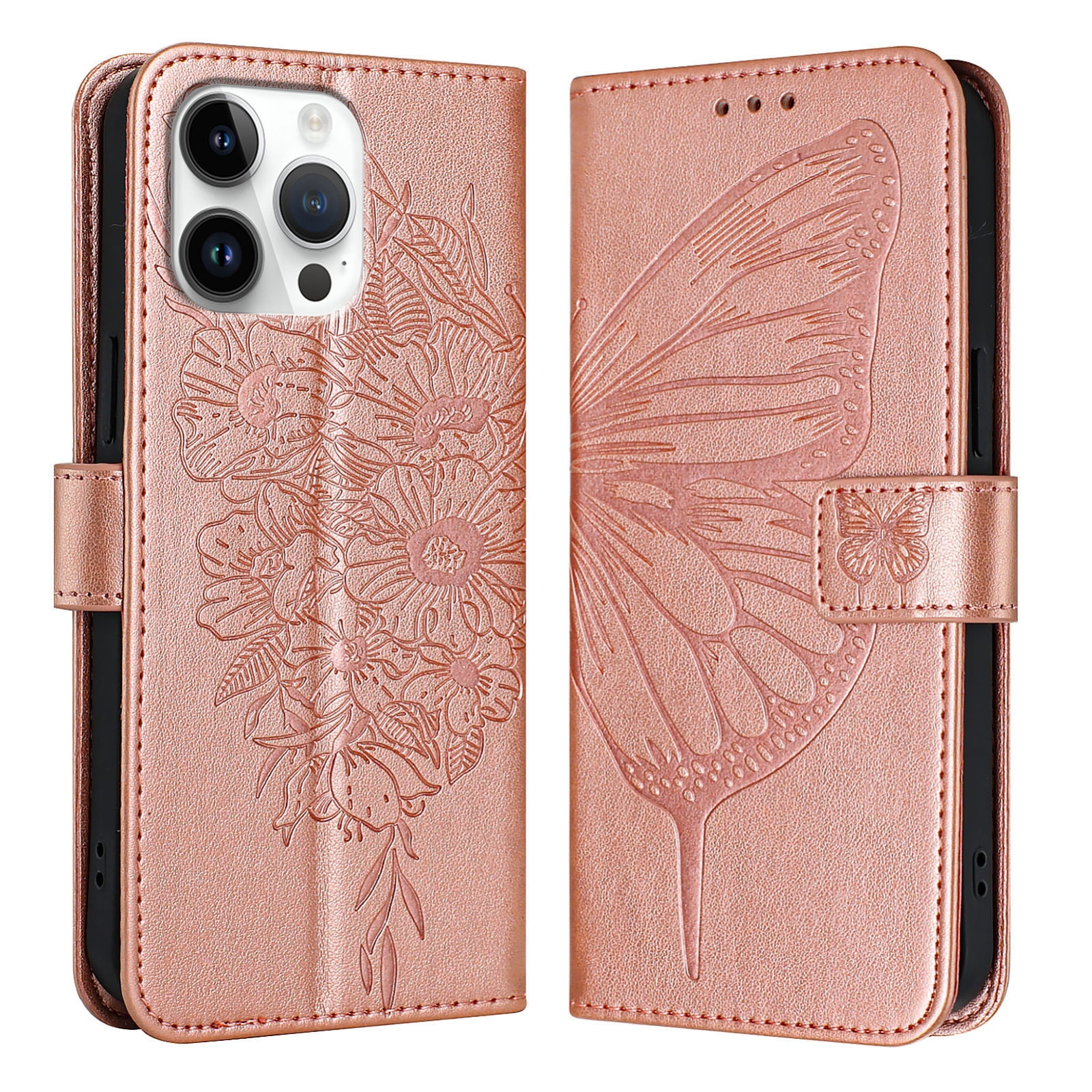 For iPhone 16 Pro Max Embossed Butterfly Leather Phone Case(Rose Gold) - Shopkiz.com