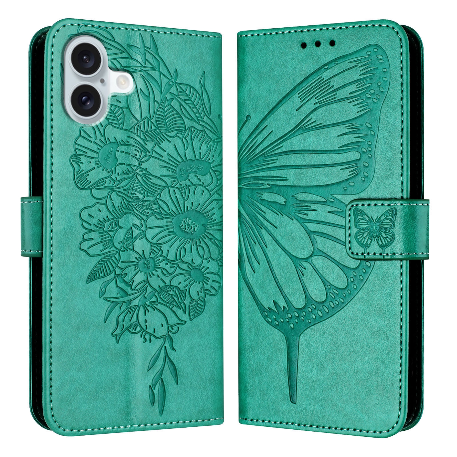 For iPhone 16 Plus Embossed Butterfly Leather Phone Case(Green) - Shopkiz.com