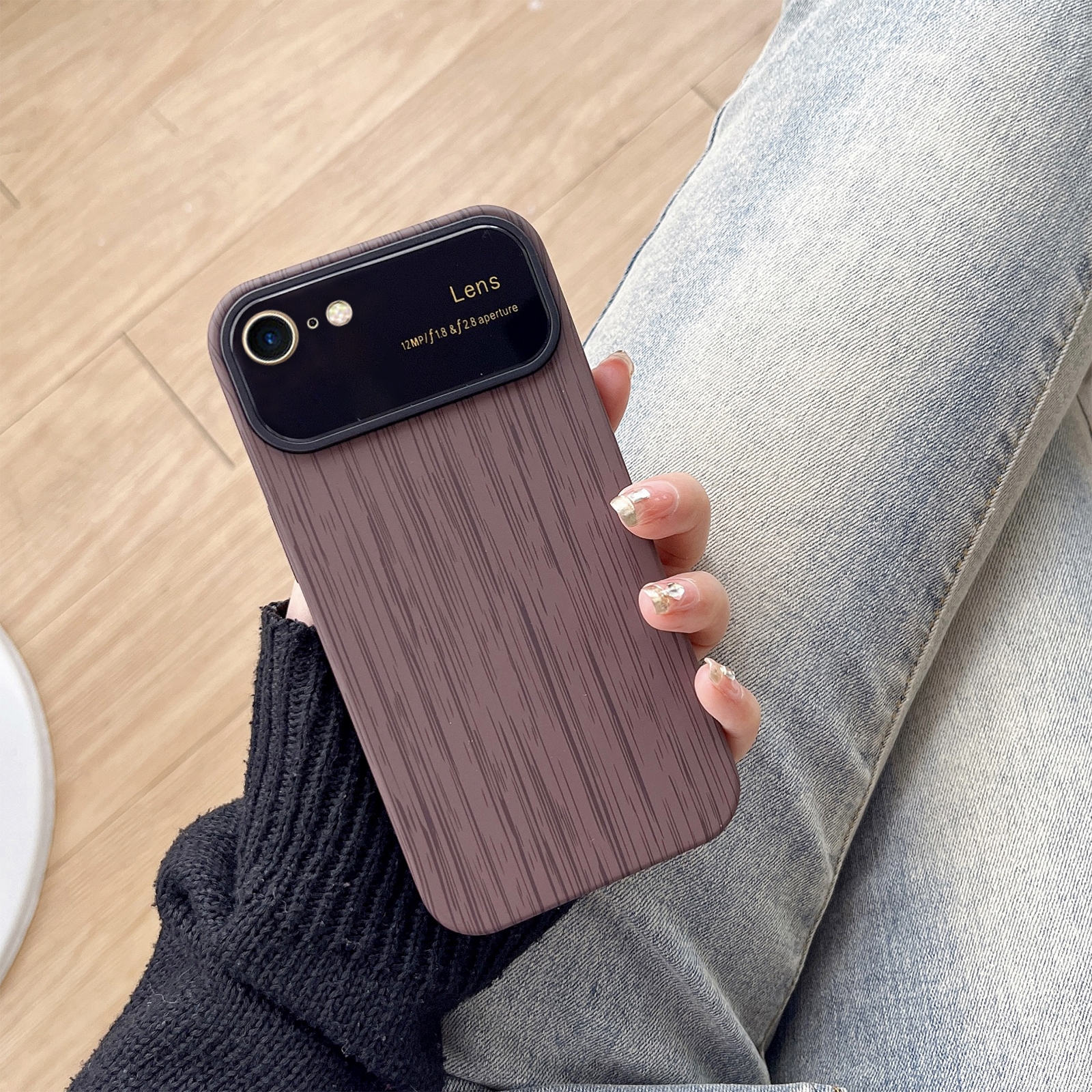 For iPhone SE 2022 / 2020 / 8 / 7 Wood Grain TPU Phone Case with Lens Film(Grey) - Shopkiz.com