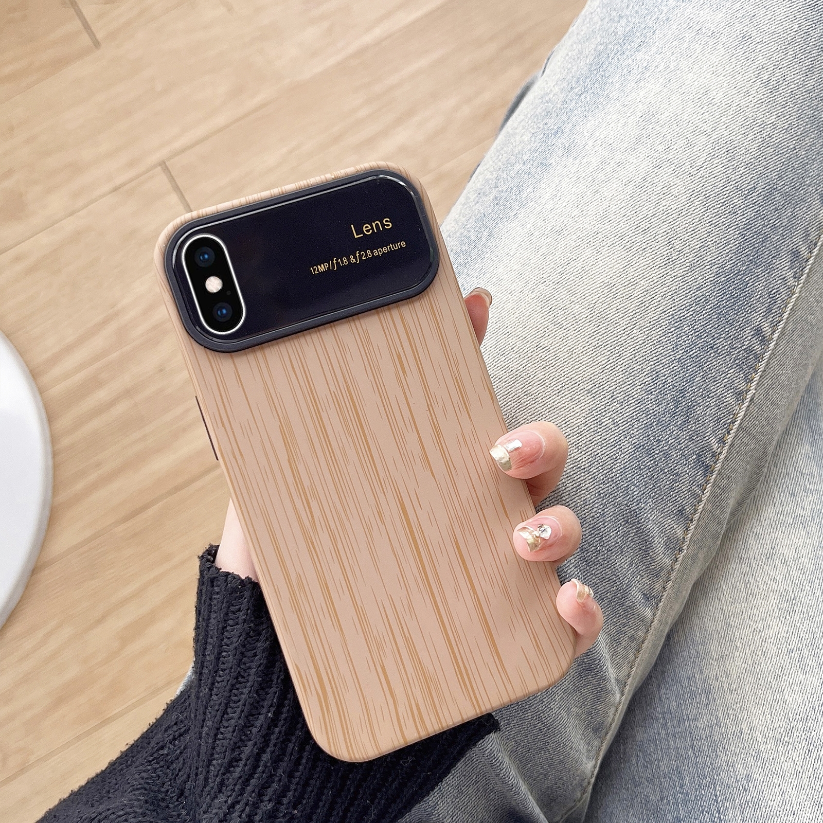 For iPhone XS Max Wood Grain TPU Phone Case with Lens Film(Khaki) - Shopkiz.com