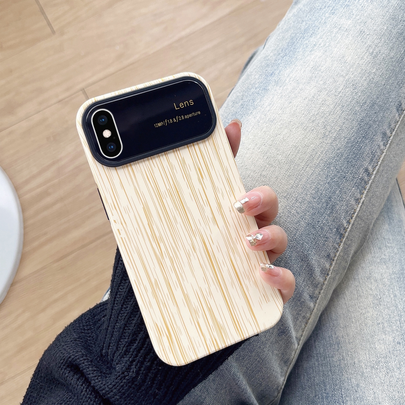 For iPhone XS Max Wood Grain TPU Phone Case with Lens Film(Beige) - Shopkiz.com