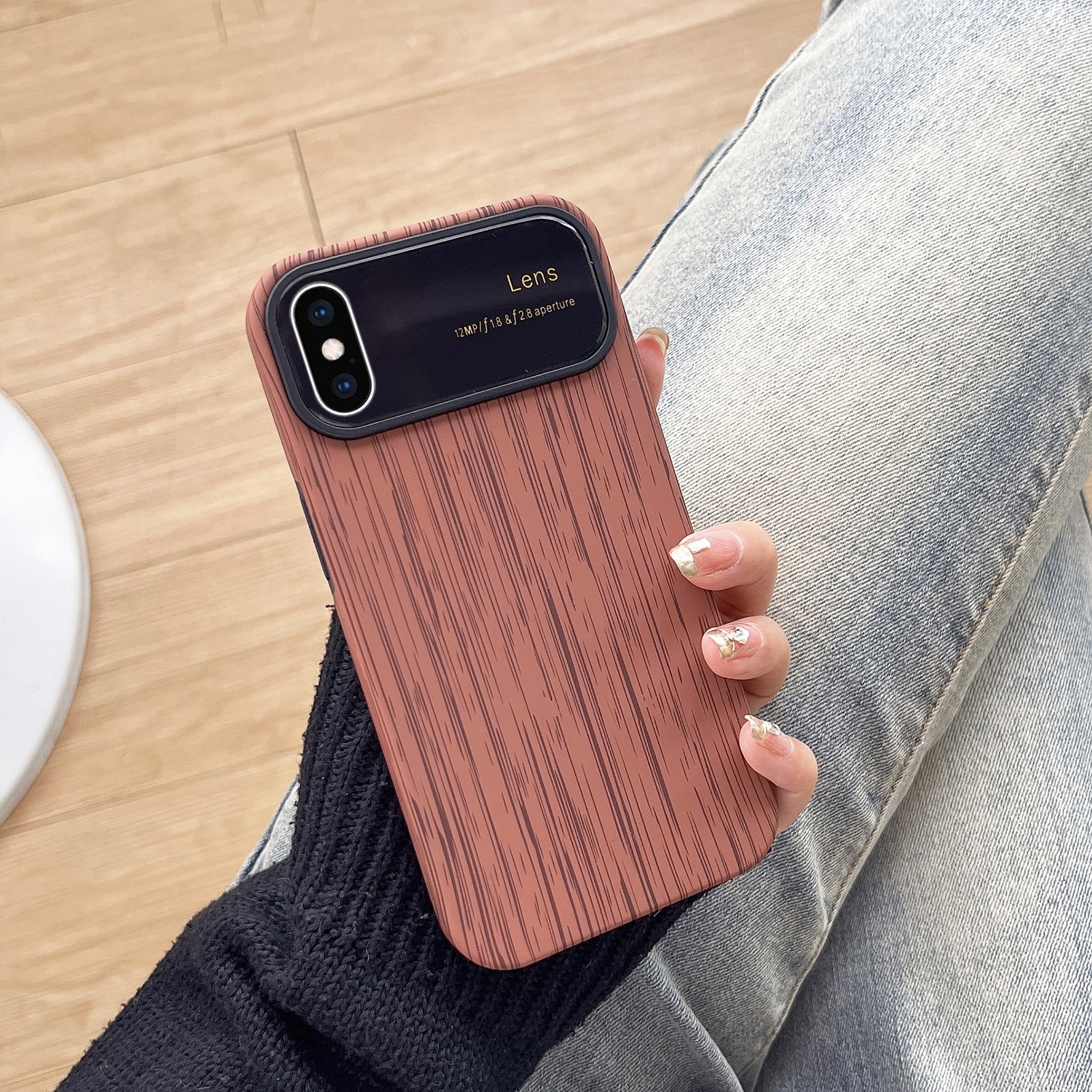 For iPhone XS Max Wood Grain TPU Phone Case with Lens Film(Brown) - Shopkiz.com