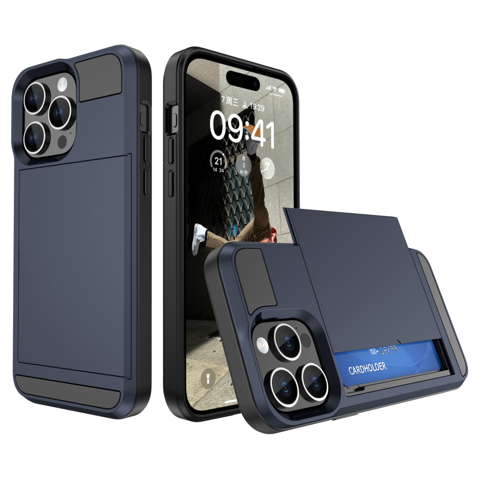 For iPhone 15 Pro Max Multifunction Armor Slide Card Slot Phone Case(Navy Blue) - Shopkiz.com
