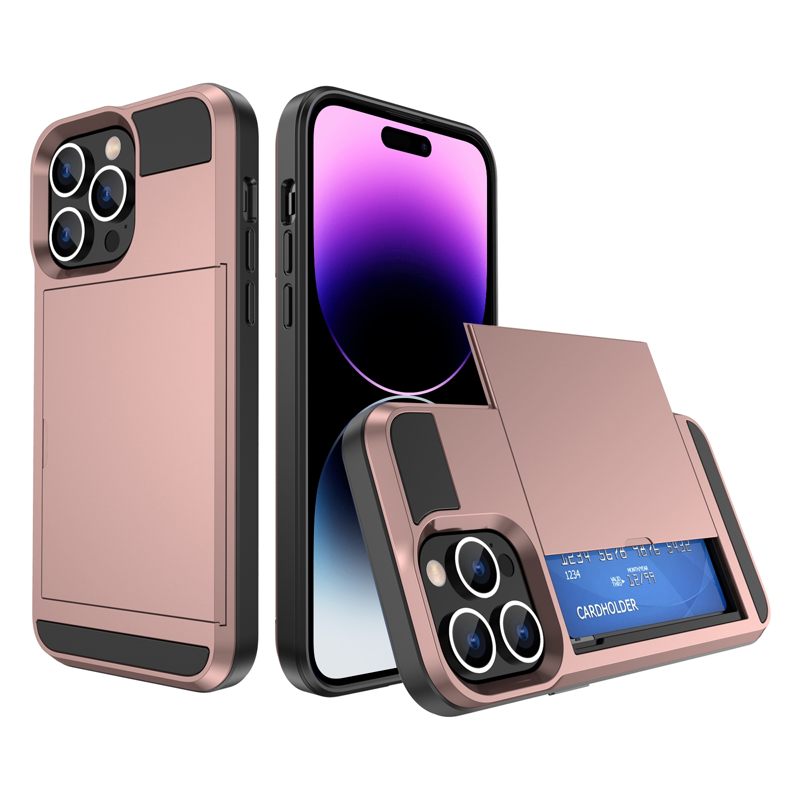 For iPhone 14 Pro Max Multifunction Armor Slide Card Slot Phone Case(Rose Gold) - Shopkiz.com