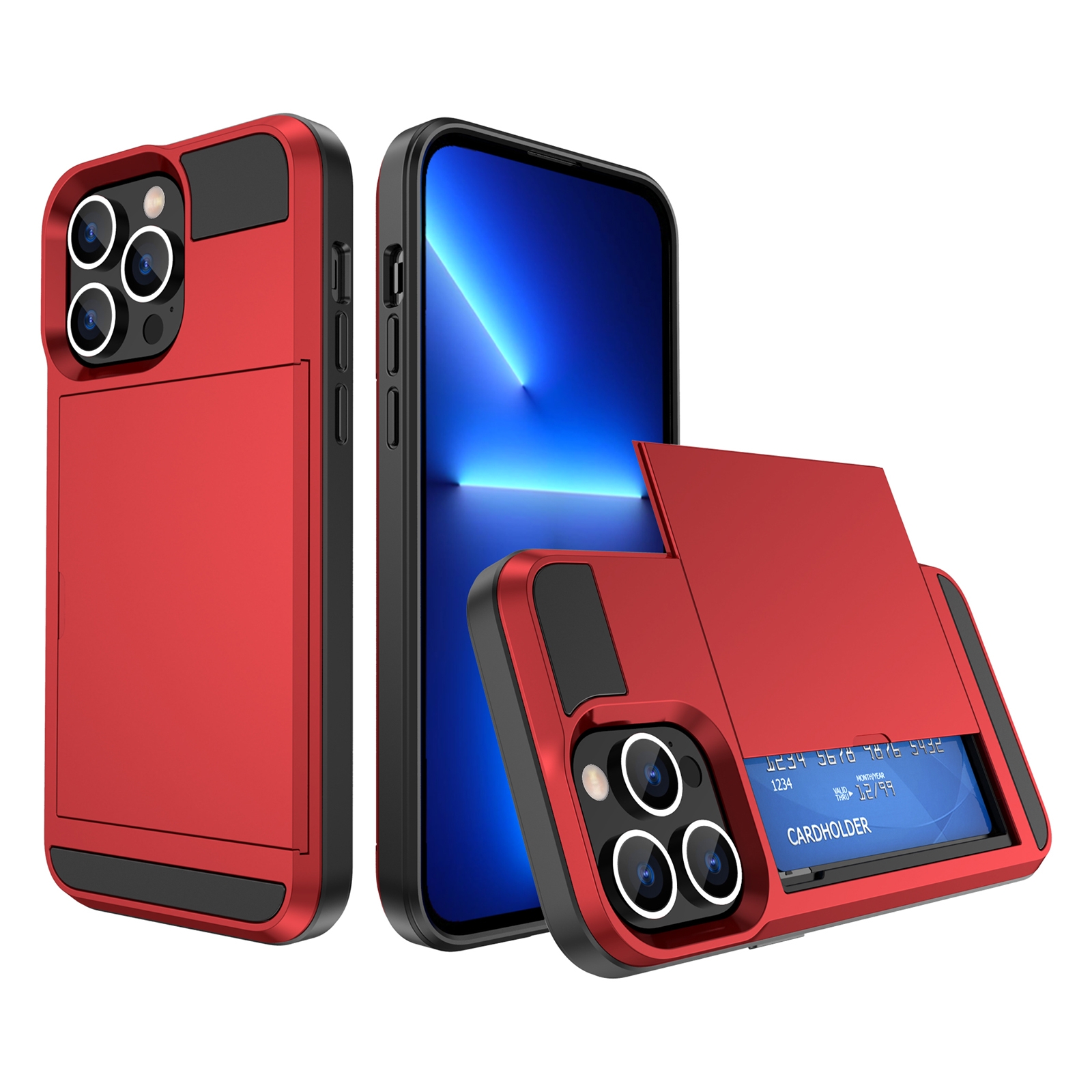 For iPhone 13 Pro Max Multifunction Armor Slide Card Slot Phone Case(Red) - Shopkiz.com
