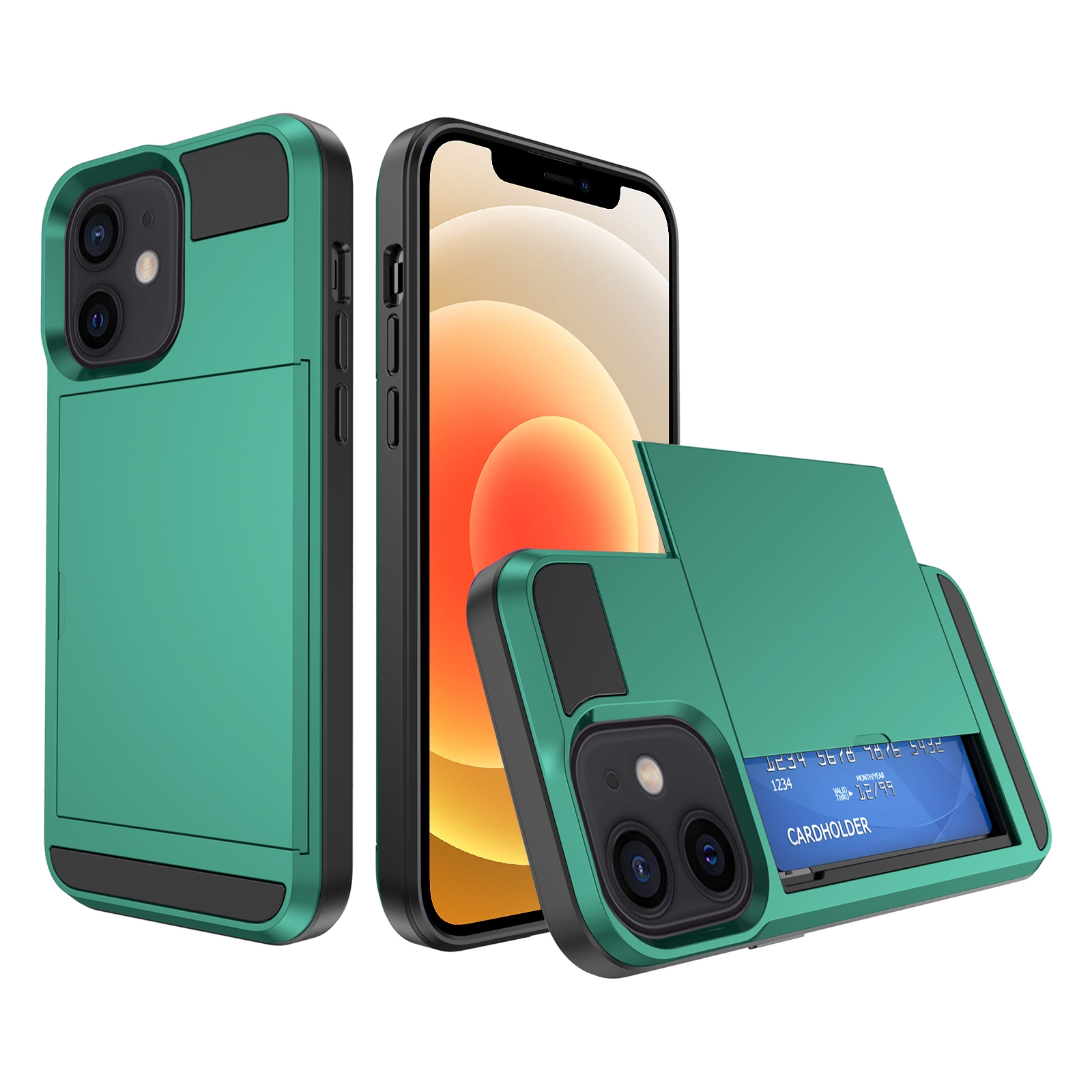 For iPhone 12 Multifunction Armor Slide Card Slot Phone Case(Green Lake) - Shopkiz.com