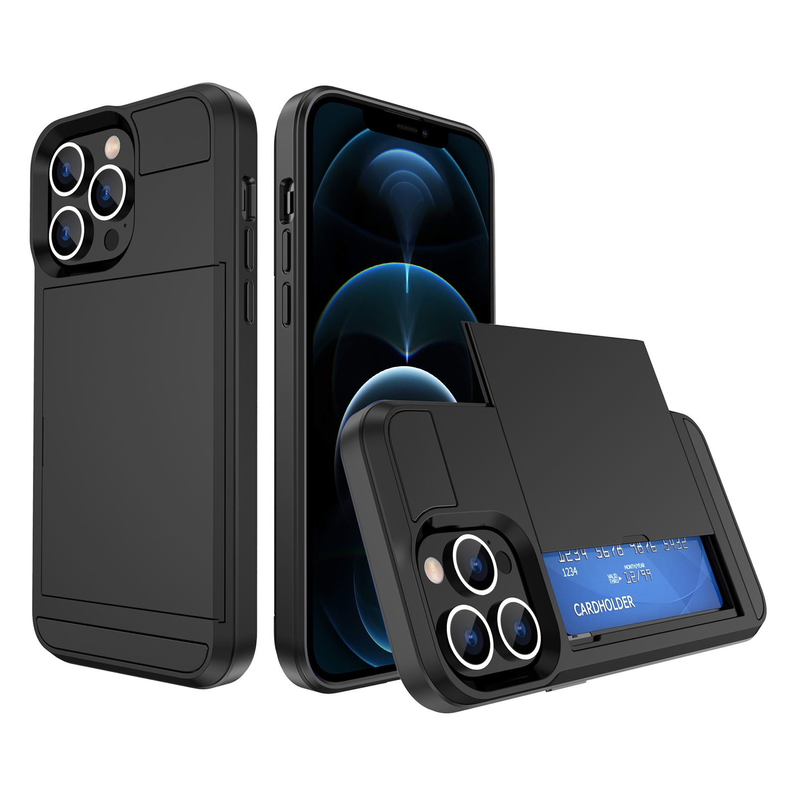 For iPhone 12 Pro Max Multifunction Armor Slide Card Slot Phone Case(Black) - Shopkiz.com