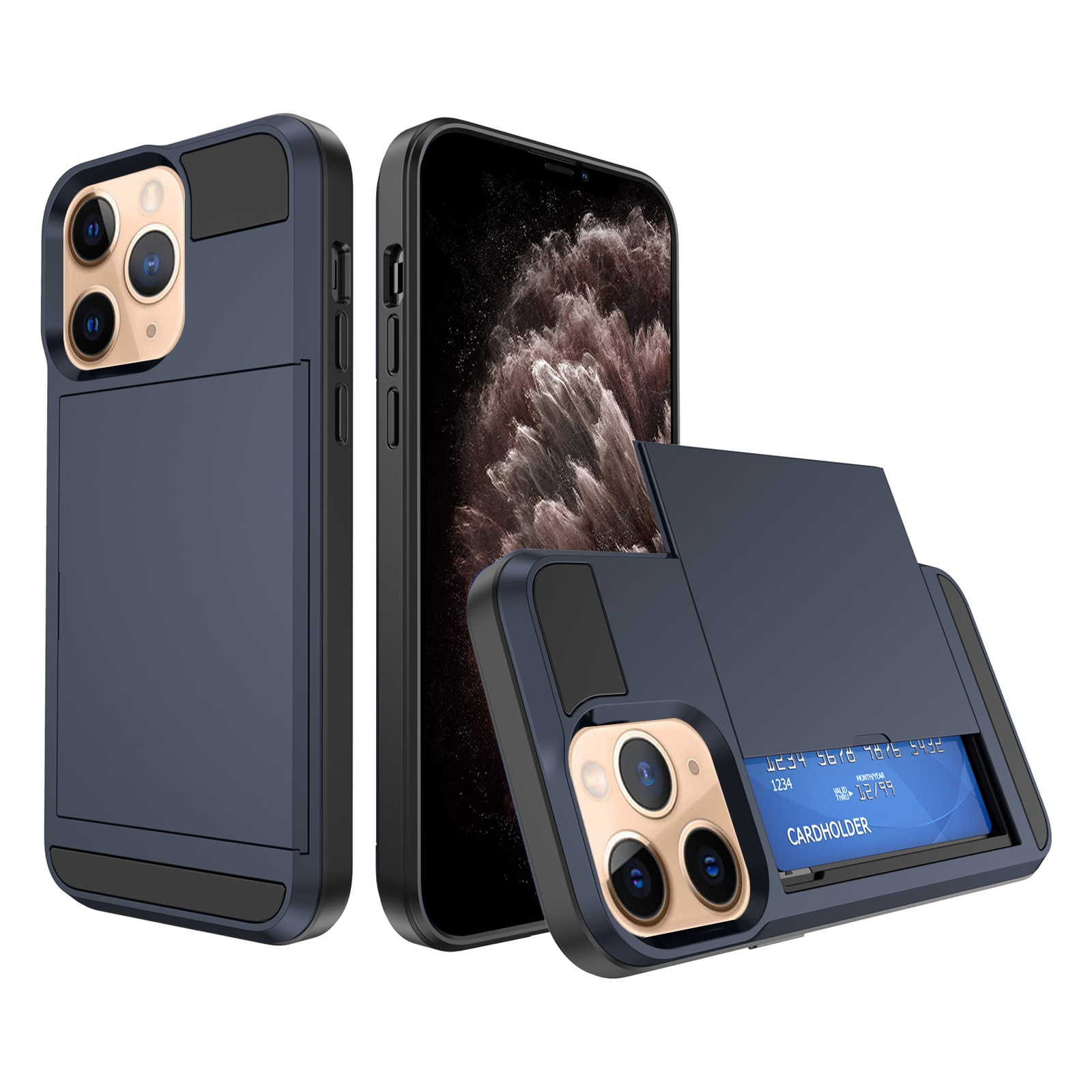 For iPhone 11 Pro Max Multifunction Armor Slide Card Slot Phone Case(Navy Blue) - Shopkiz.com
