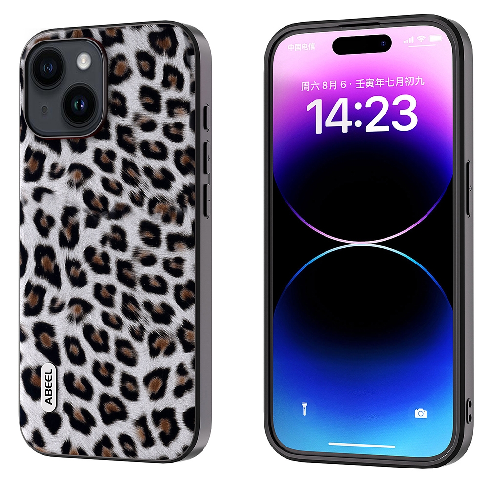 For iPhone 15 Plus ABEEL Black Edge Leopard Phone Case(Silver Leopard) - Shopkiz.com