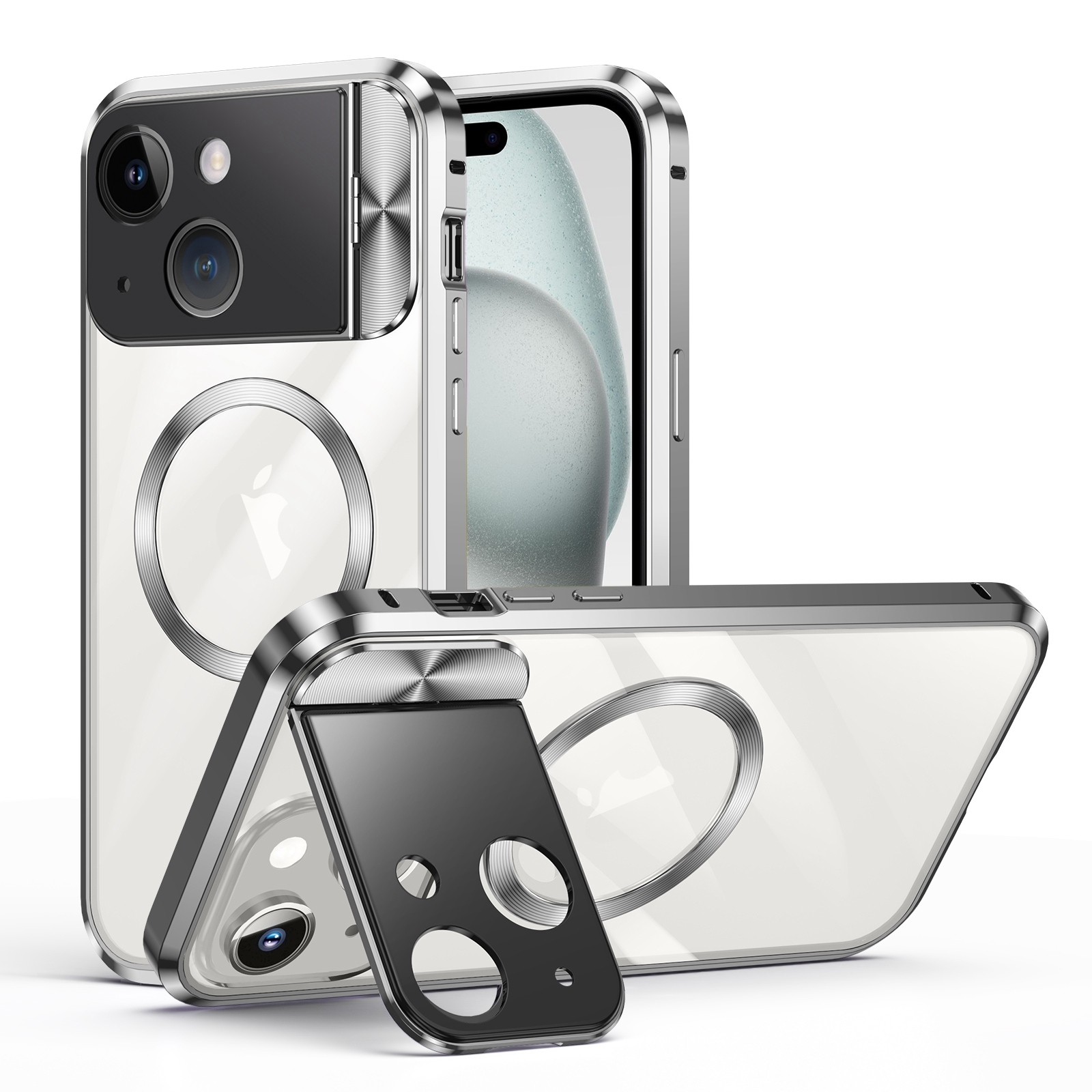 For iPhone 15 Large Window Holder MagSafe Magnetic Metal Phone Case(Silver) - Shopkiz.com