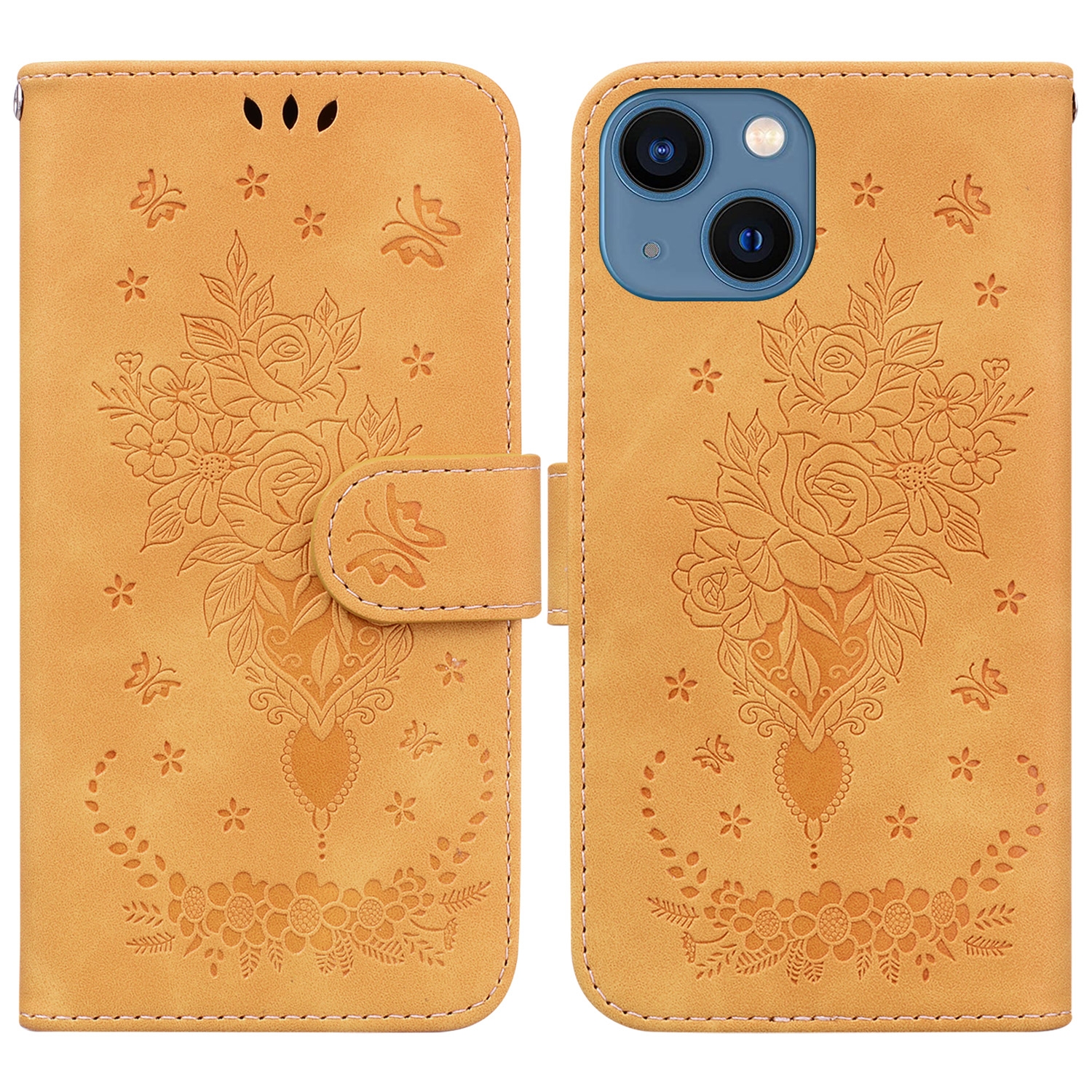 For iPhone 15 Butterfly Rose Embossed Leather Phone Case(Yellow) - Shopkiz.com