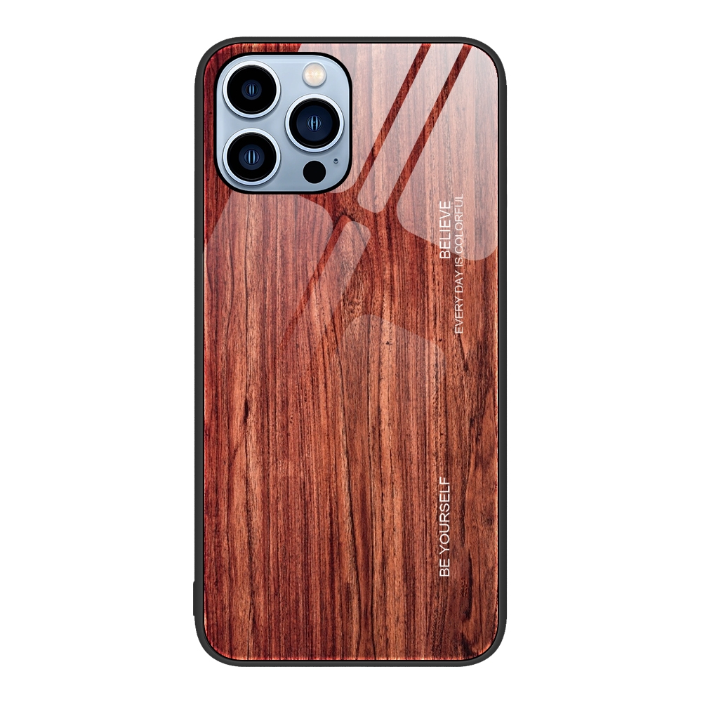 For iPhone 15 Pro Max Wood Grain Glass Phone Case(Coffee) - Shopkiz.com