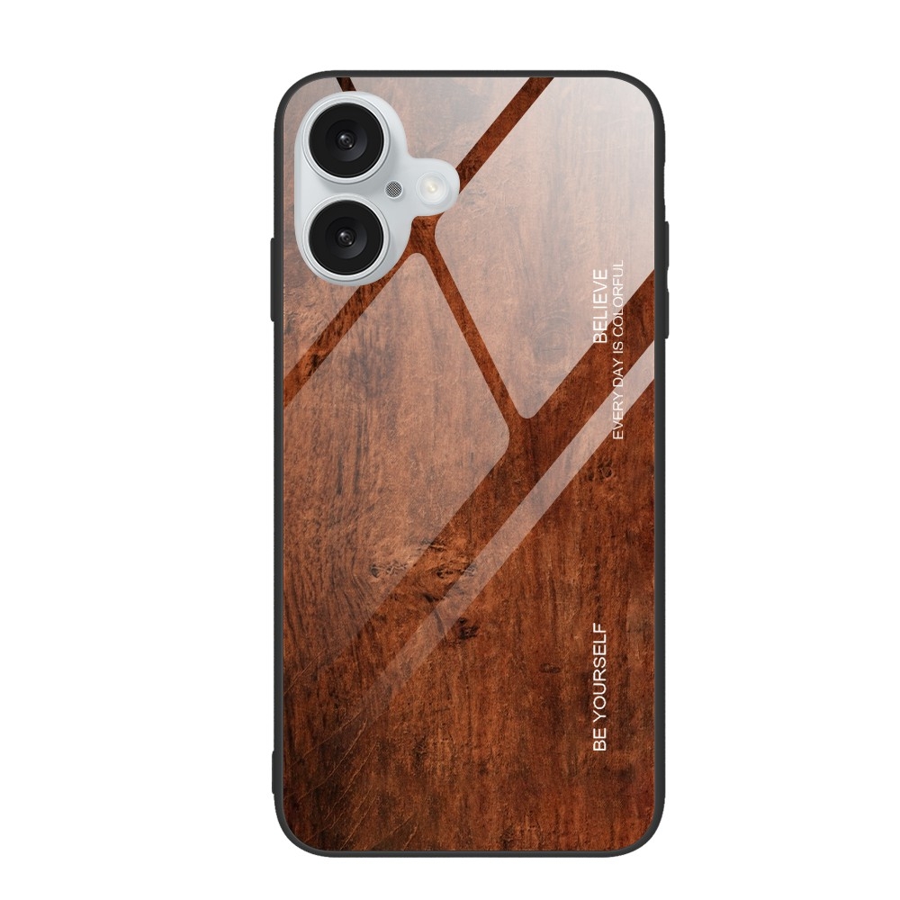 For iPhone 16 Plus Wood Grain Glass Phone Case(Dark Brown) - Shopkiz.com