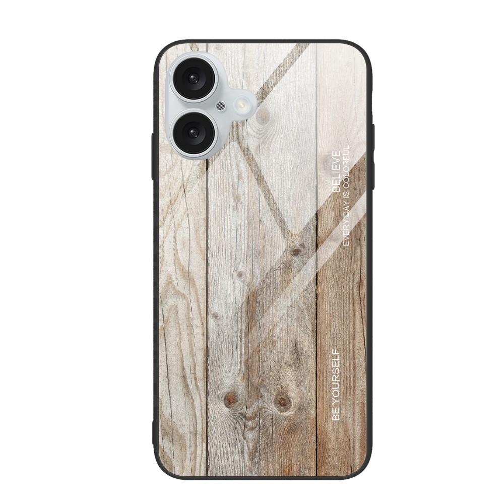 For iPhone 16 Wood Grain Glass Phone Case(Grey) - Shopkiz.com