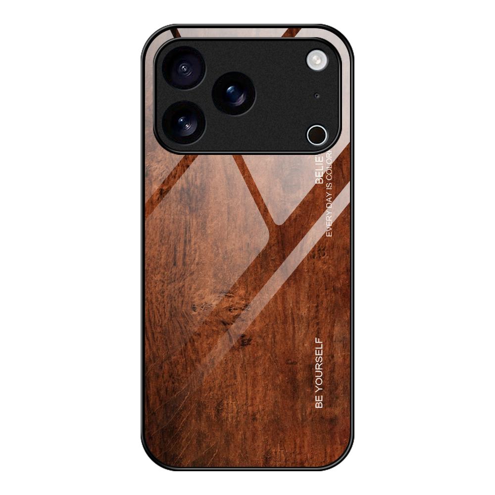 For iPhone 17 Pro Max Wood Grain Glass Phone Case(Dark Brown) - Shopkiz.com