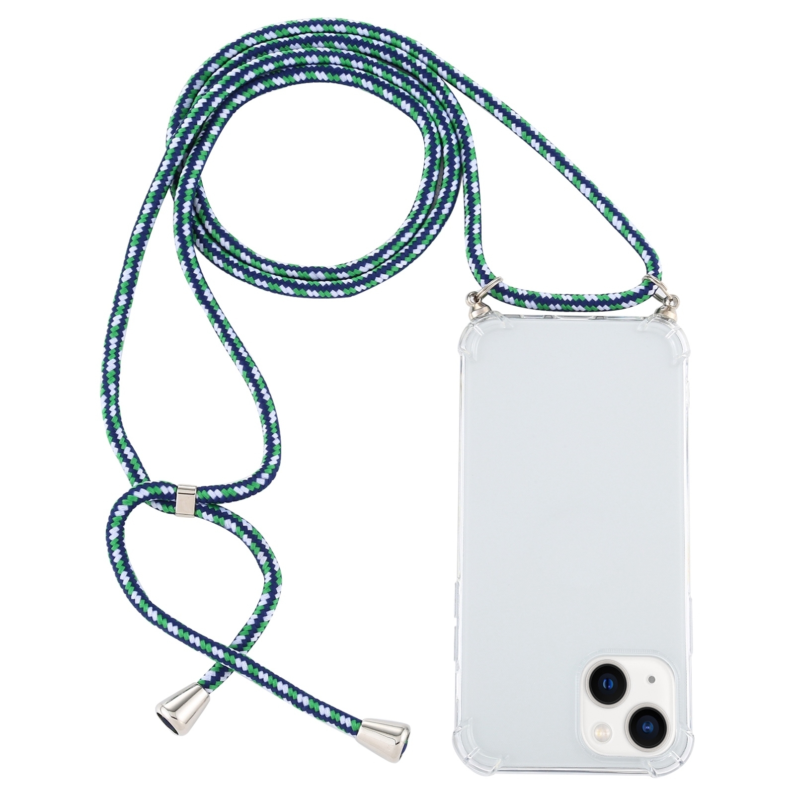For iPhone 15 Plus Four-Corner Shockproof Transparent TPU Case with Lanyard(Green Blue White) - Shopkiz.com
