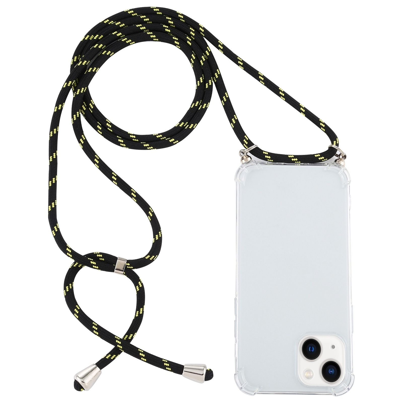For iPhone 15 Plus Four-Corner Shockproof Transparent TPU Case with Lanyard(Black Green) - Shopkiz.com