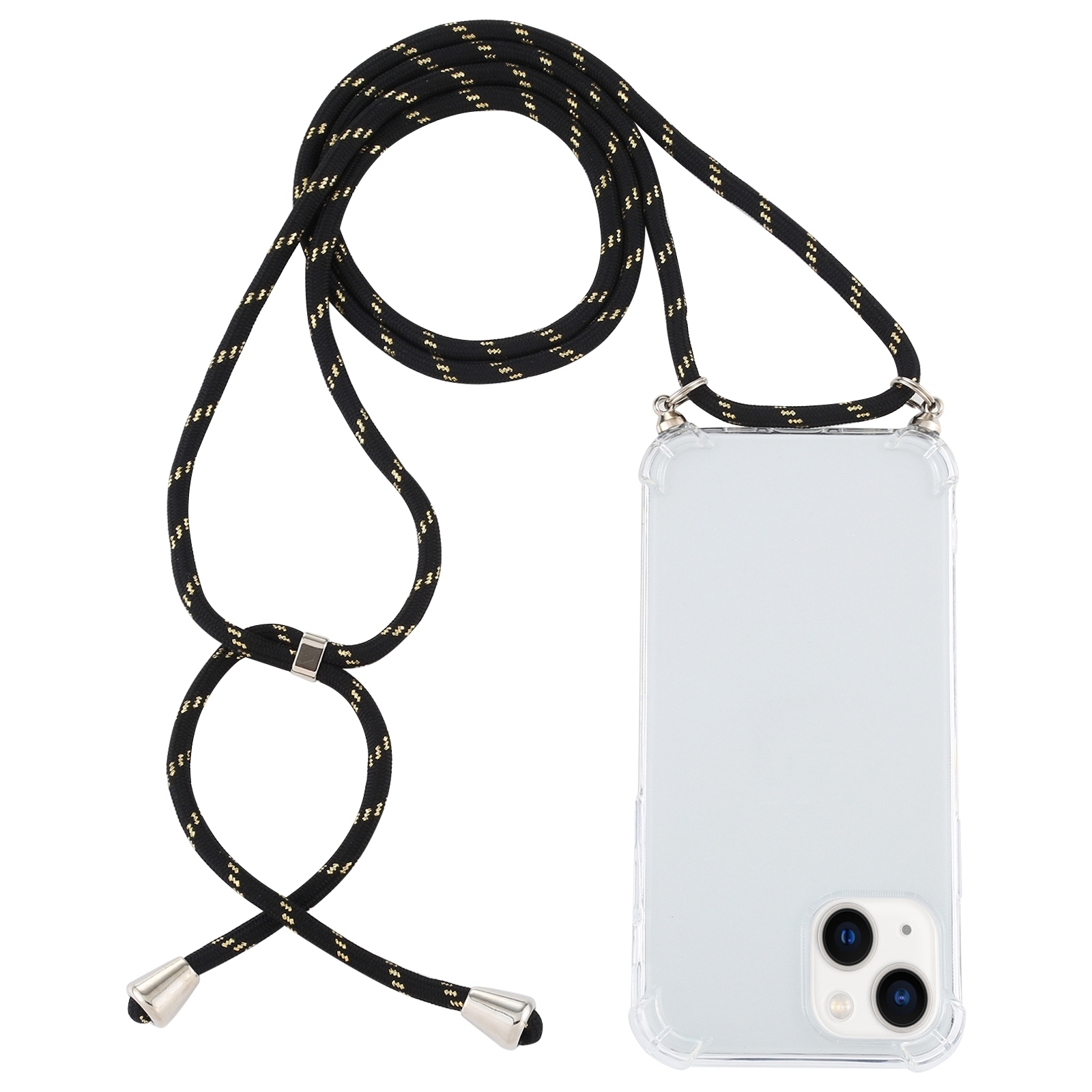 For iPhone 15 Plus Four-Corner Shockproof Transparent TPU Case with Lanyard(Black Gold) - Shopkiz.com