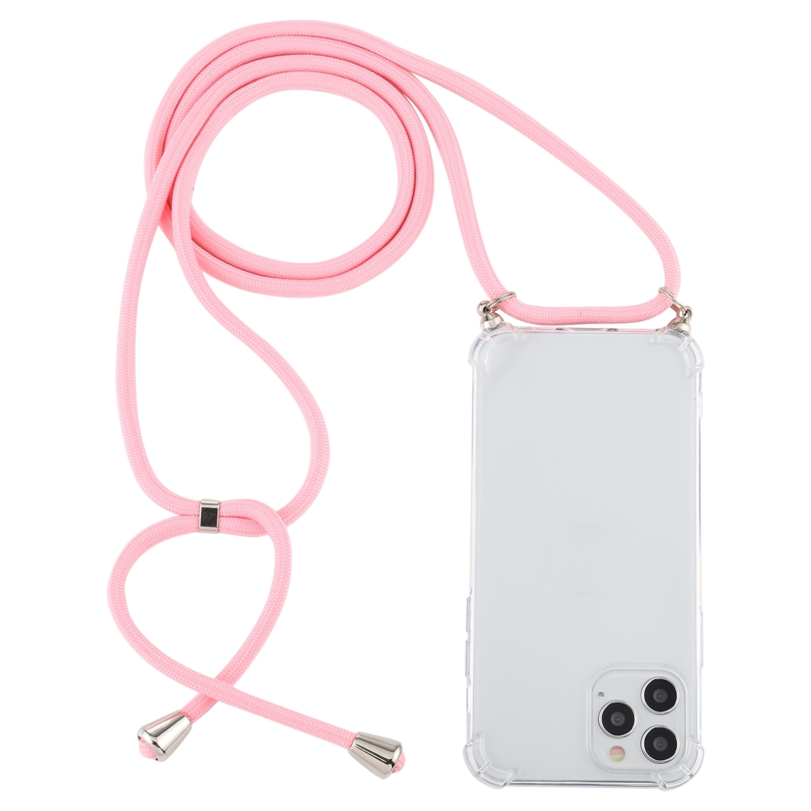For iPhone 15 Pro Max Four-Corner Shockproof Transparent TPU Case with Lanyard(Light Pink) - Shopkiz.com
