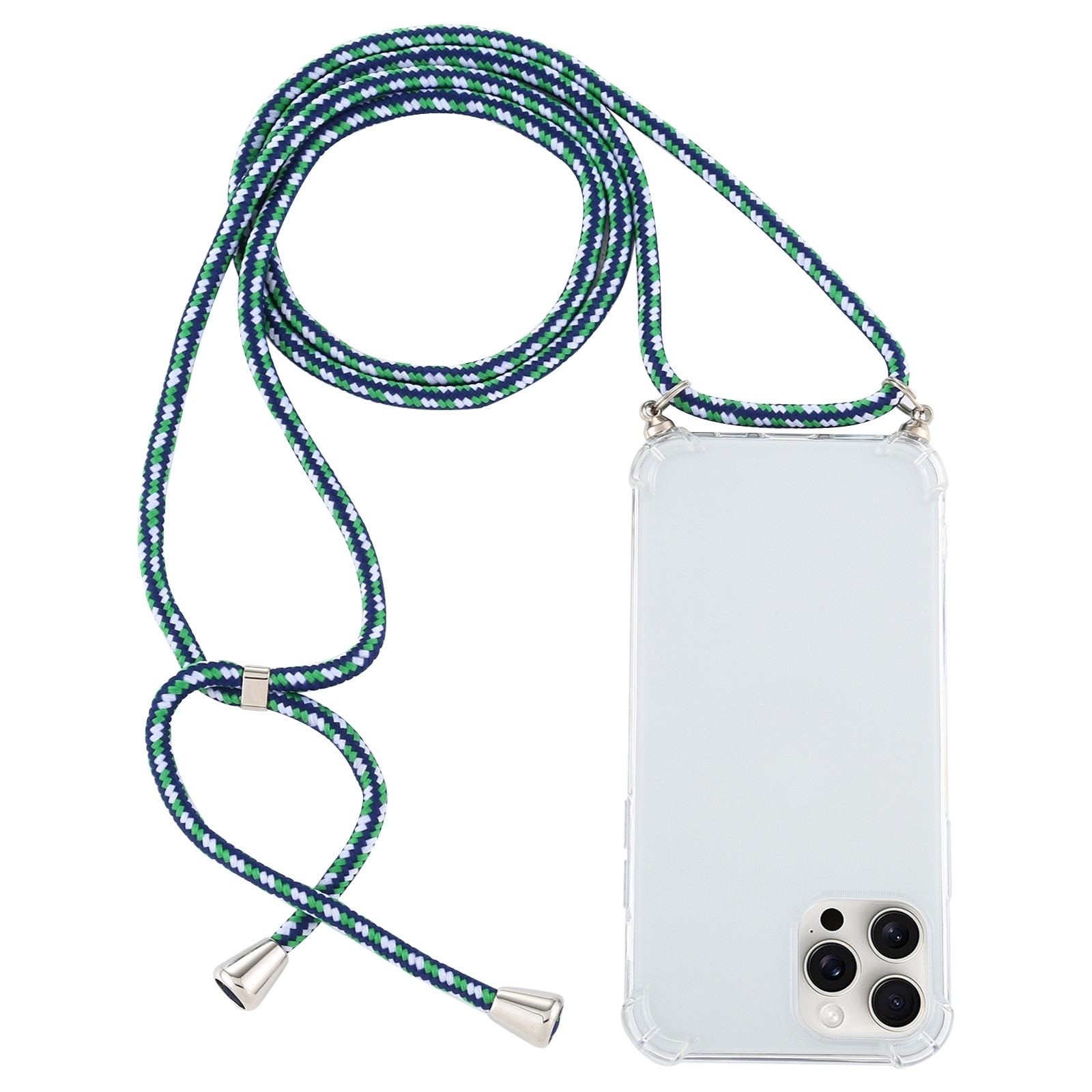 For iPhone 16 Pro Max Four-Corner Shockproof Transparent TPU Case with Lanyard(Green Blue White) - Shopkiz.com