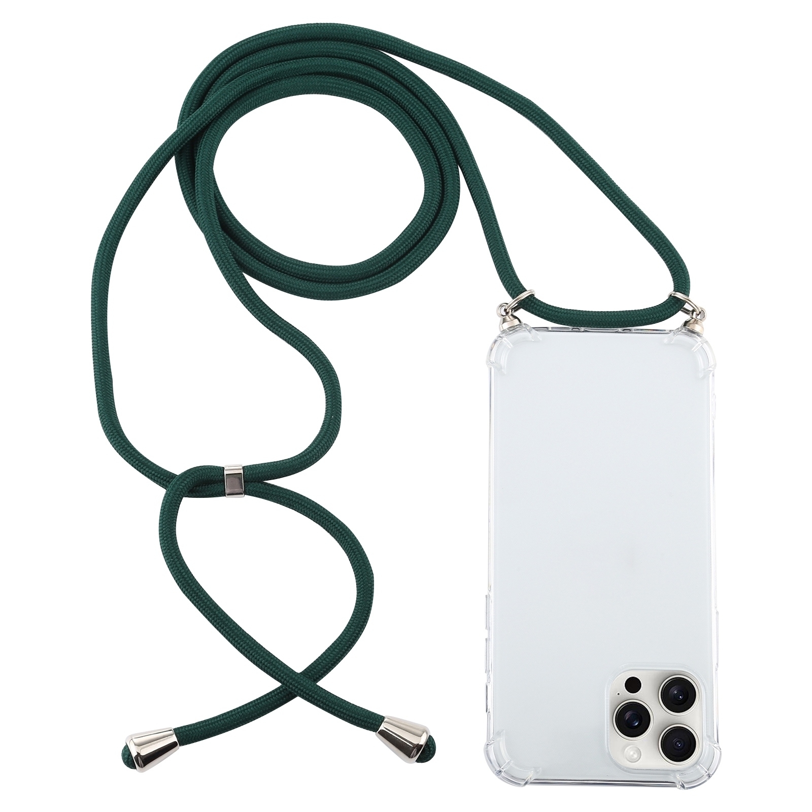For iPhone 16 Pro Max Four-Corner Shockproof Transparent TPU Case with Lanyard(Dark Green) - Shopkiz.com
