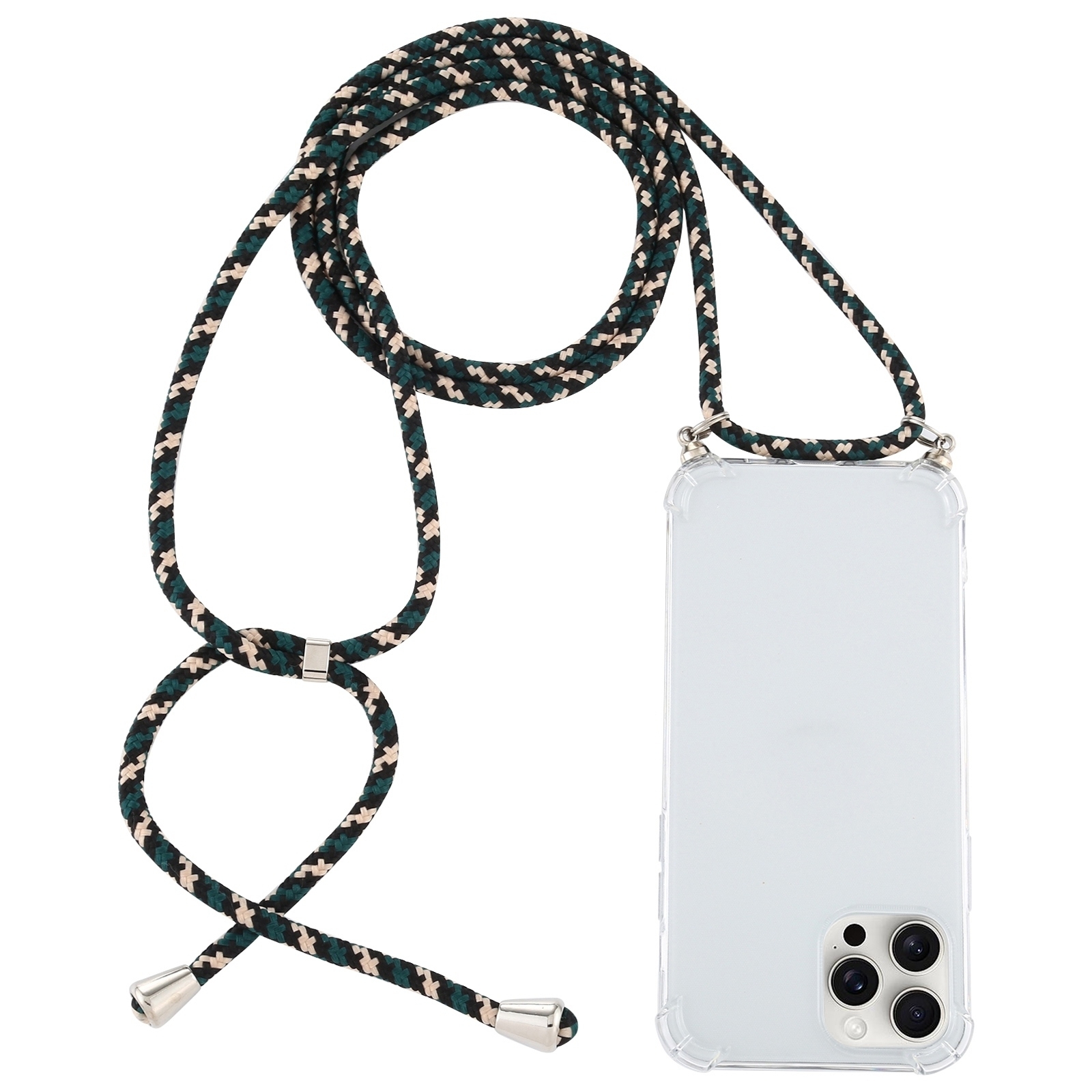 For iPhone 16 Pro Four-Corner Shockproof Transparent TPU Case with Lanyard(Green Black) - Shopkiz.com