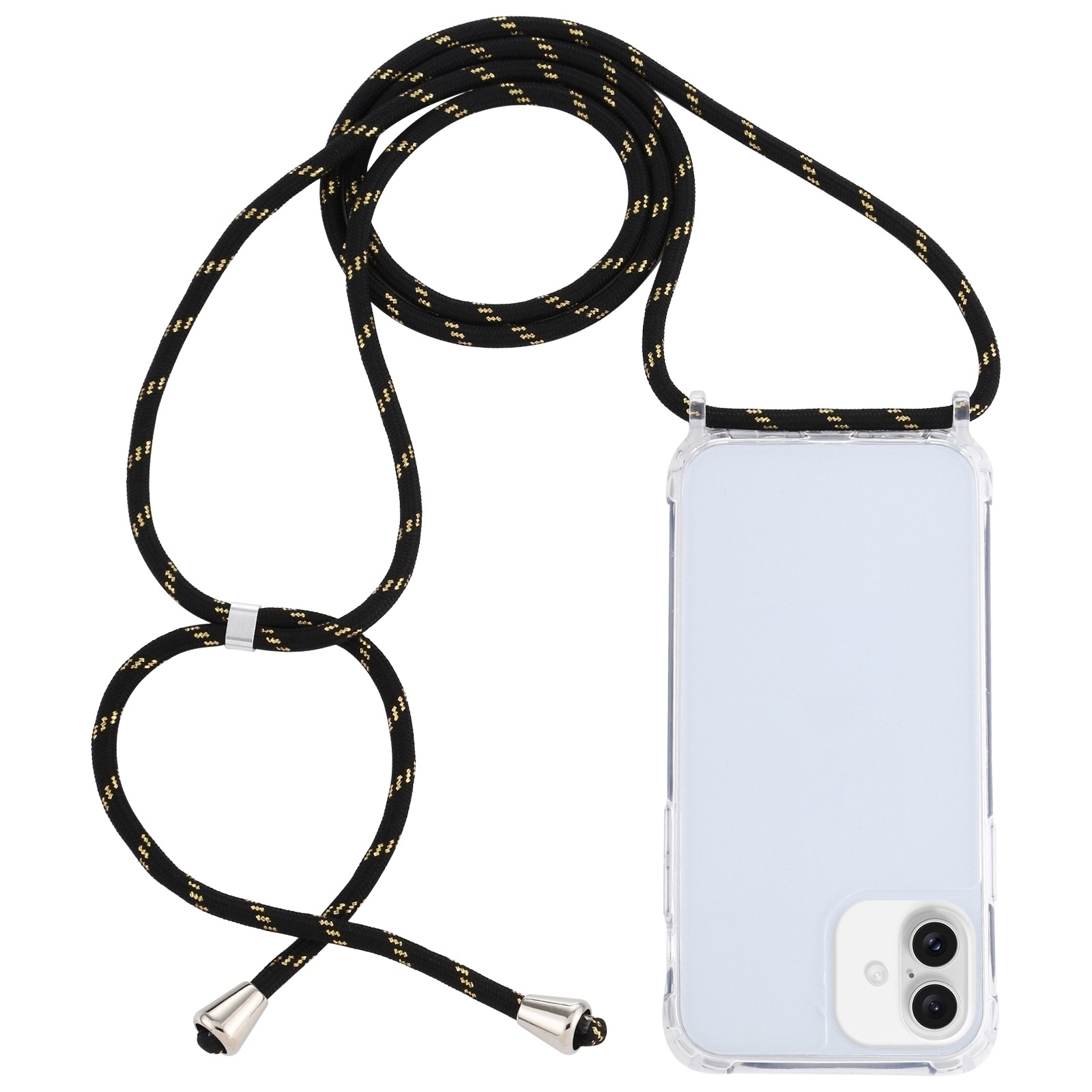 For iPhone 16 Plus Transparent Acrylic Airbag Shockproof Phone Protective Case with Lanyard(Black Gold) - Shopkiz.com
