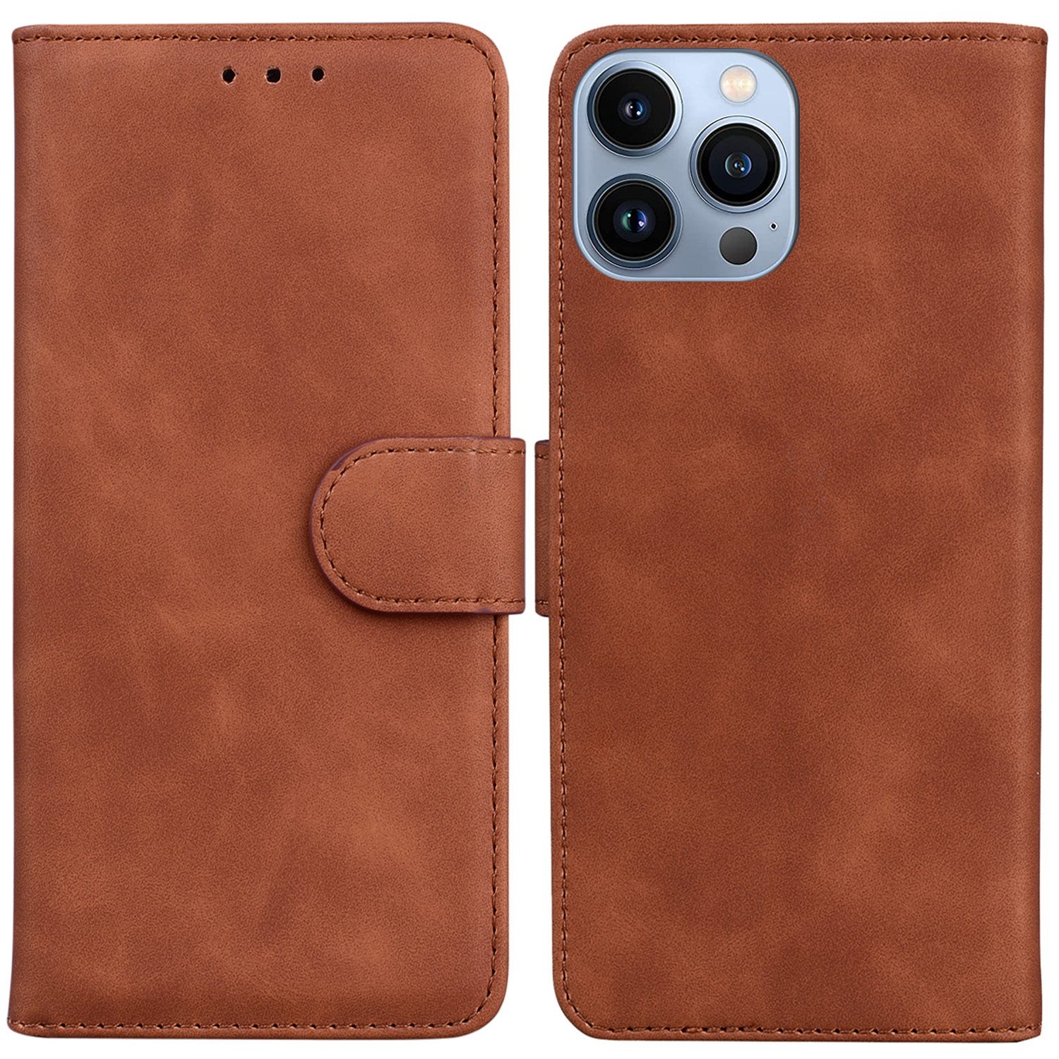 For iPhone 14 Pro Skin Feel Pure Color Flip Leather Phone Case(Brown) - Shopkiz.com