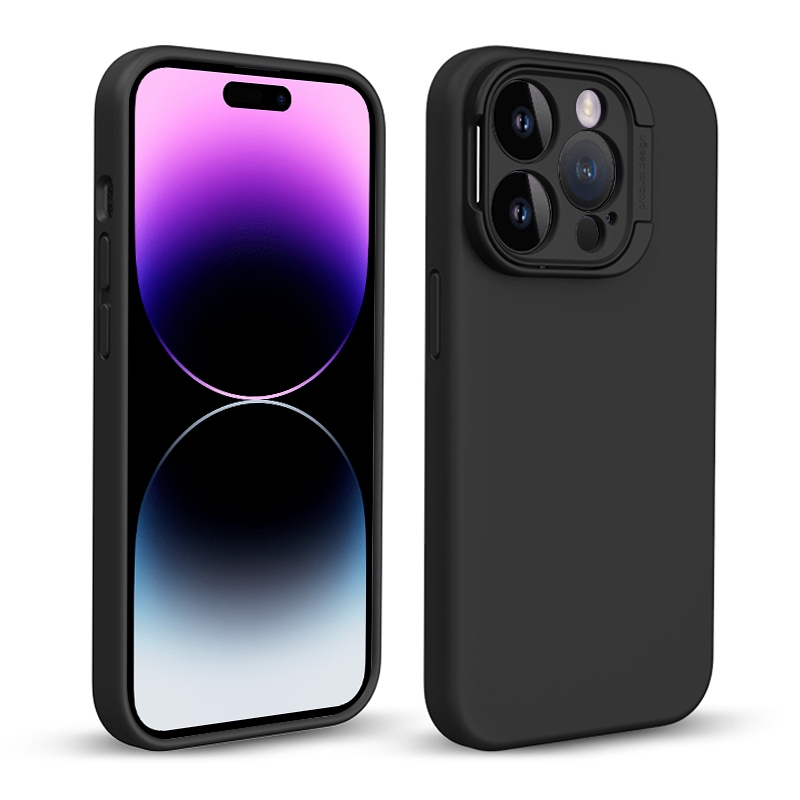 For iPhone 14 Pro Max Liquid Silicone Lens Holder Phone Case(Black) - Shopkiz.com