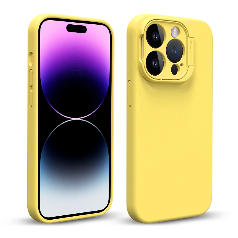 For iPhone 14 Pro Liquid Silicone Lens Holder Phone Case(Yellow) - Shopkiz.com