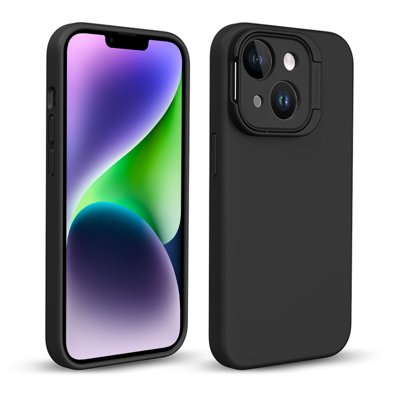 For iPhone 14 Liquid Silicone Lens Holder Phone Case(Black) - Shopkiz.com
