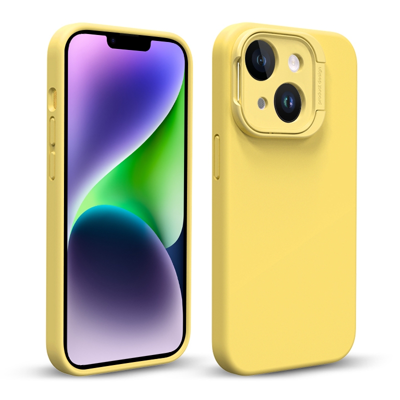 For iPhone 14 Liquid Silicone Lens Holder Phone Case(Yellow) - Shopkiz.com